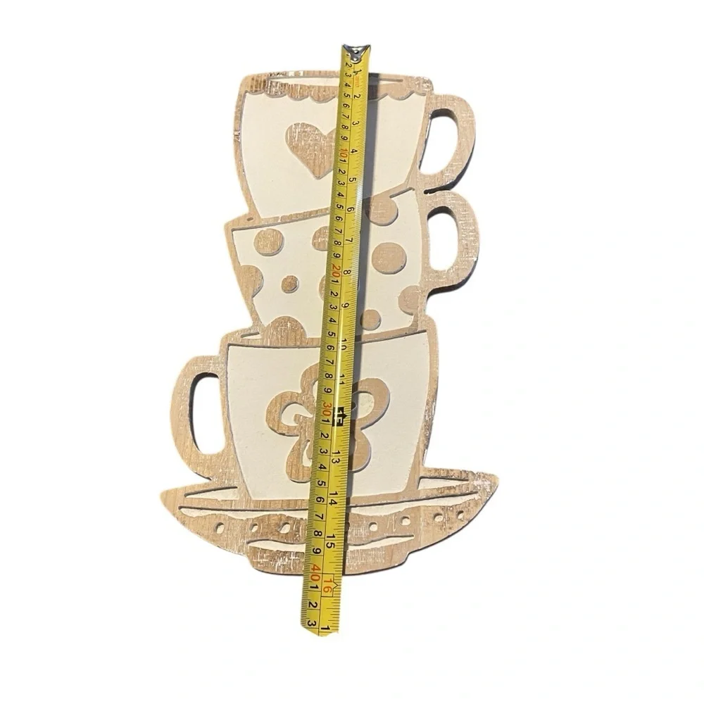 Toppling Teacups Etched Wooden Wall Hanging Plaque Heart Dots Flower Rustic